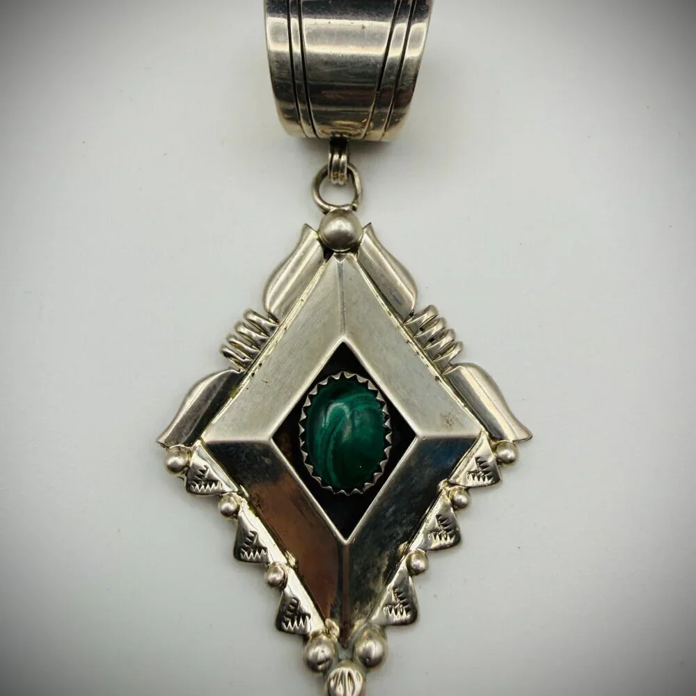 Sterling Malachite Pendant • Artist-Stamped “M L” • 2.75